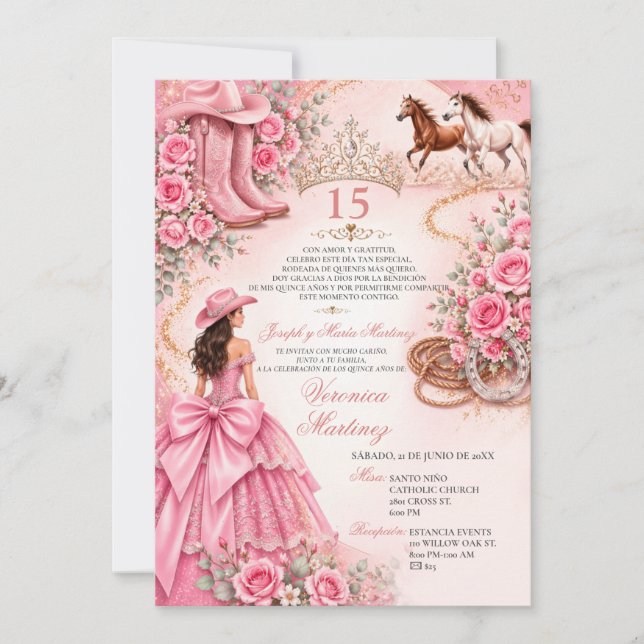 Convite Flar Rosa Floral Charro Princesa Doce 15 Anos (Frente)