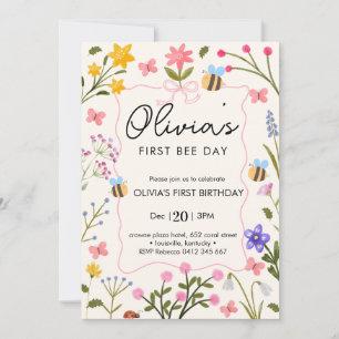 Convite Flauta Bee flores silvestres Primeiro Aniversário