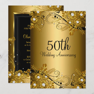 Convite Flauta Floral de Diamante Preto Ouro 50º Aniversár