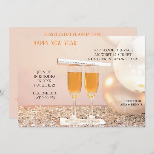 Convite Flautas de Champanhe de Ano Novo Silver Confetti (Frente/Verso)