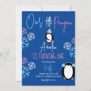 Convite Flautas de Pinguim Rosa Azul Aniversário de 1 Ano
