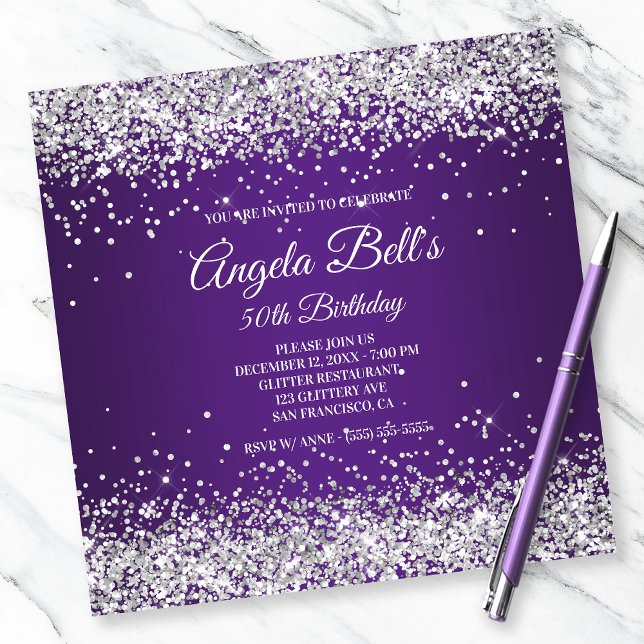 Convite Flaux Sparkly Silver Glitter Royal Purple Ombre (Criador carregado)