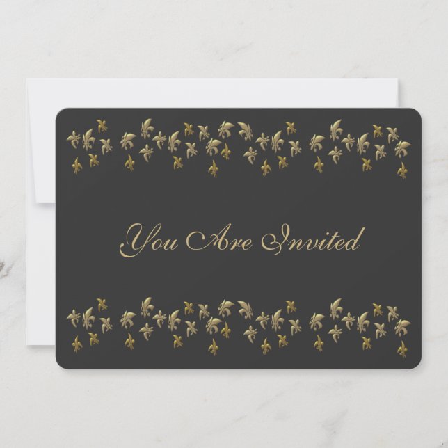 Convite Fleur de Lis Confetti, preto e Dourado (Frente)