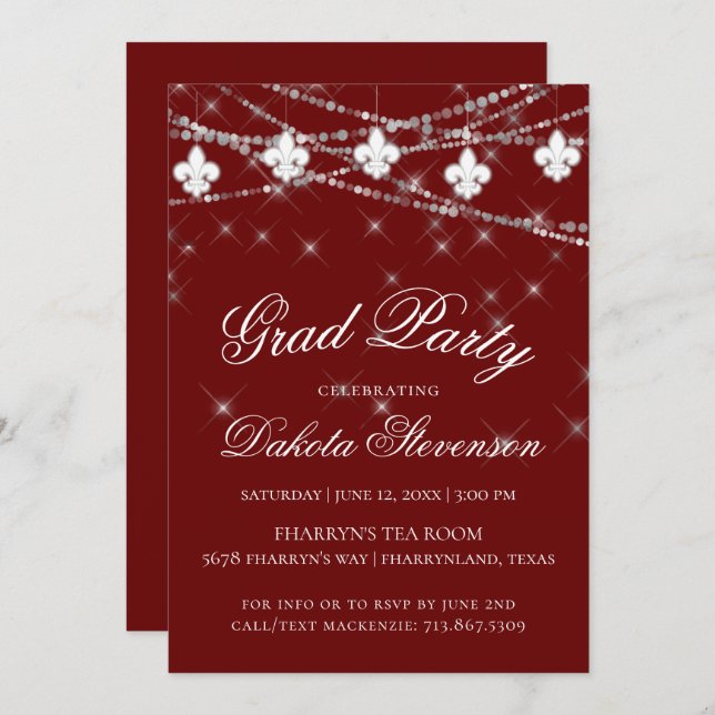 Convite Fleur de Lis | Festa de formatura Tema Vermelho (Frente/Verso)