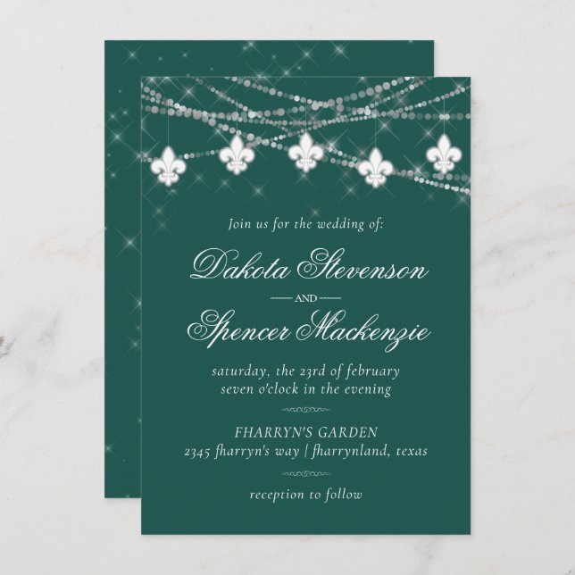Convite Fleur de Lis Green Lights | Casamento Negrito (Frente/Verso)