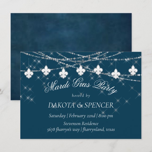 Convite Fleur de Lis Luzes Azuis Marinho | Encontro Rústic (Frente/Verso)