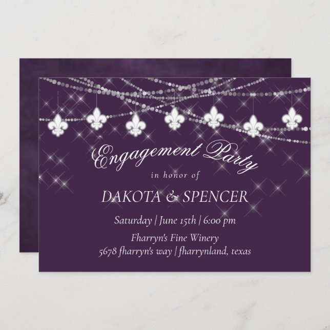 Convite Fleur de Lis | Noivado de cor roxa (Frente/Verso)