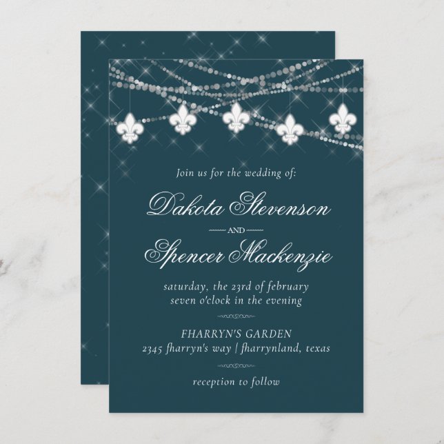 Convite Fleur de Lis Teal Lights | Casamento Moody Dark (Frente/Verso)