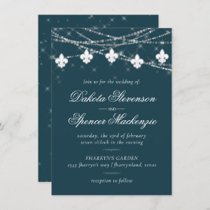 Convite Fleur de Lis Teal Lights Casamento Moody Dark