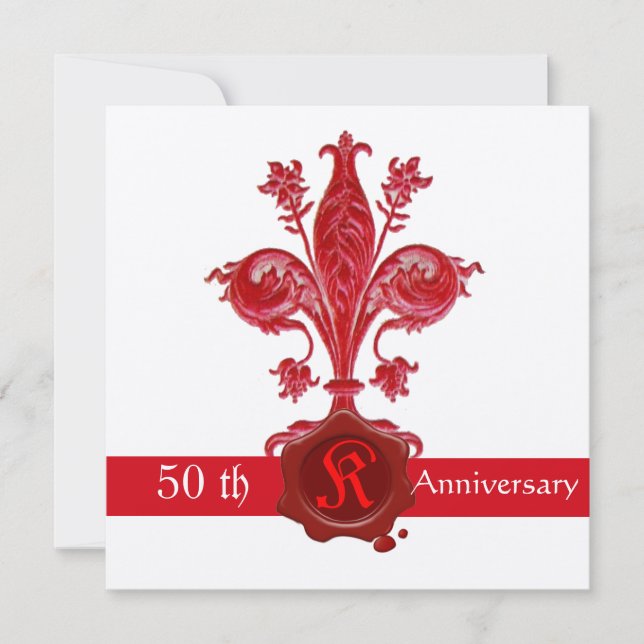 Convite FLEUR DE LISE ANIVERSARY Red Wax Seal Monograma (Frente)