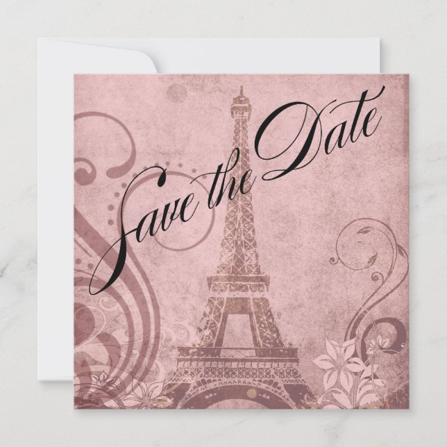 Convite Fleur de Paris Torre Eiffel Save the Date | rosa (Frente)
