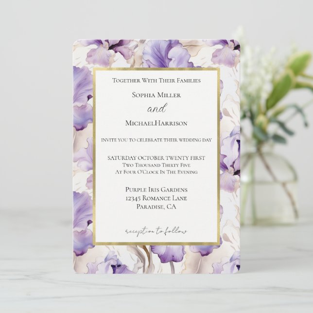 Convite Fleurs d'Iris Crème Violet Lavande Mariage (Em pé/Frente)