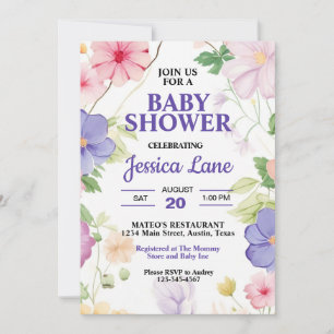 Convite Fleurs silvestres cor-de-rosa e lavanda Pastel Bab