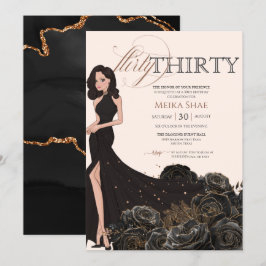 Convite Flirty Trinta Glam Black e Rosa Dourado aniversári