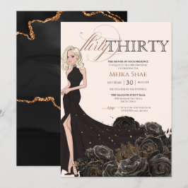 Convite Flirty Trinta Glam Black e Rosa Dourado aniversári