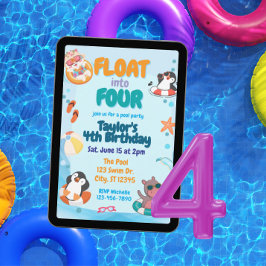 Convite Float into Four, Pool Animals 4th Birthday