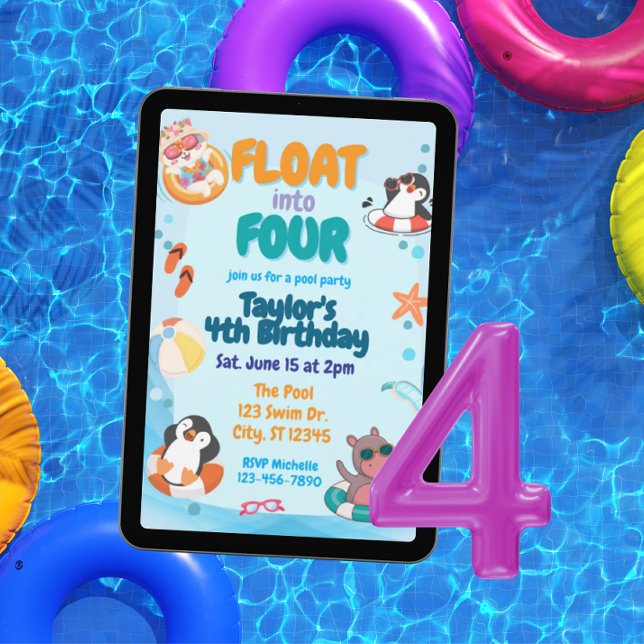 Convite Float into Four, Pool Animals 4th Birthday (Criador carregado)
