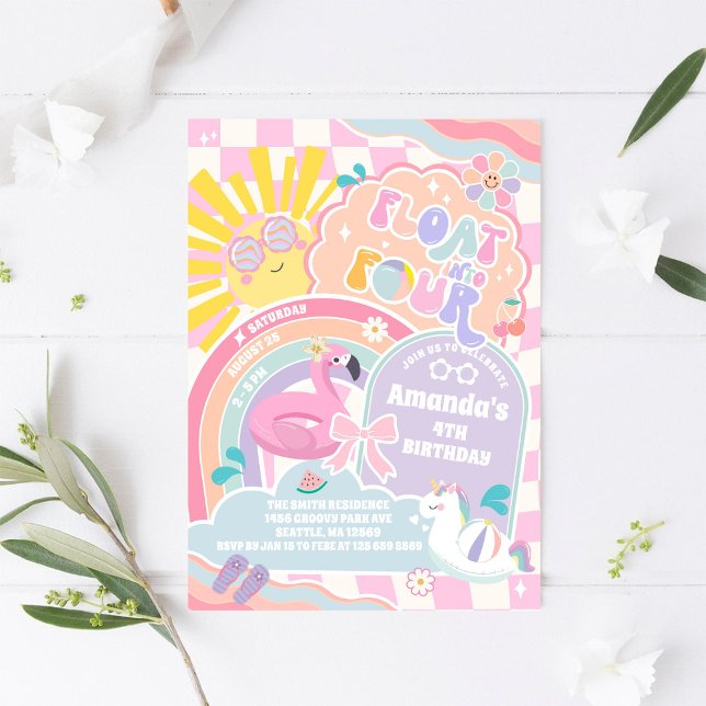 Convite Float Into Four Pool Party Rainbow 4th Birthday (Criador carregado)