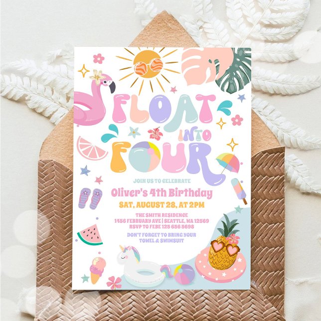 Convite Float Into Four Pool Party Summer 4th Birthday (Criador carregado)