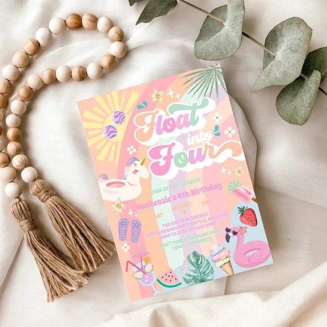 Convite Float Into Four Summer Rainbow Sun 4th Birthday  (Criador carregado)