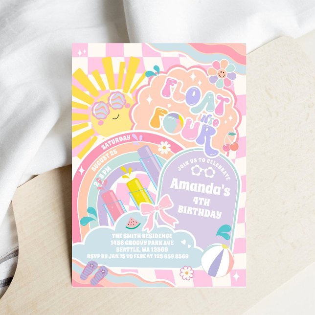 Convite Float Into Four Sun Rainbow Disco 4th Birthday (Criador carregado)