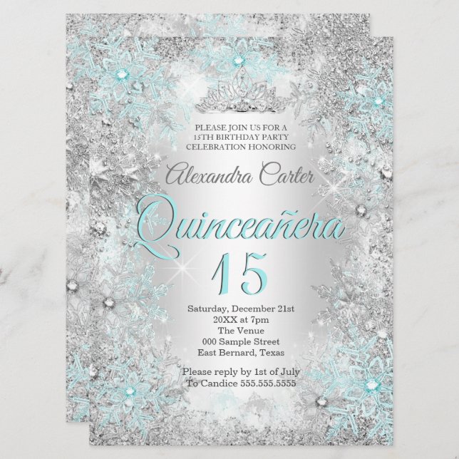 Convite Floco de neve 15 de Quinceanera Foto Silver Teal B (Frente/Verso)
