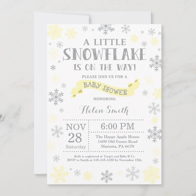 Convite Floco de neve amarelo de Chá de fraldas de inverno (Frente)