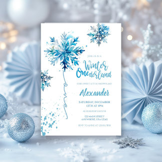 Convite Floco de neve Aquarela Azul Inverno ONEderland
