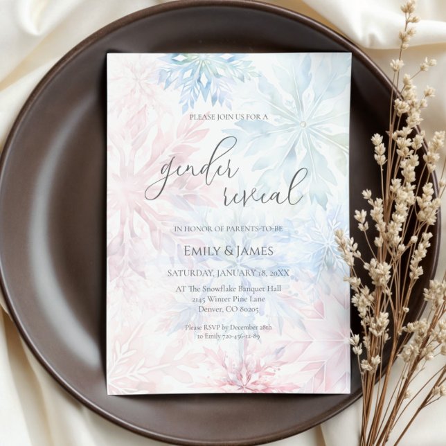 Convite Floco de Neve Azul Cor-de-Rosa do Partido Revelaçã (Criador carregado)