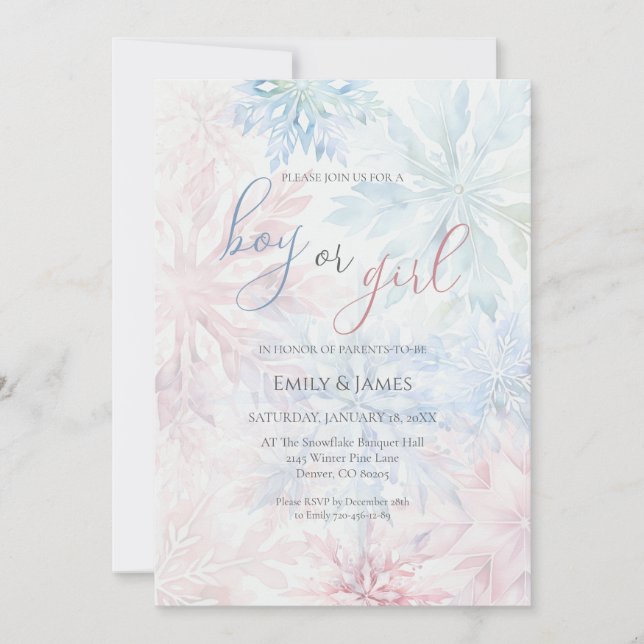 Convite Floco de neve azul-rosa-rosa-menino ou menina (Frente)