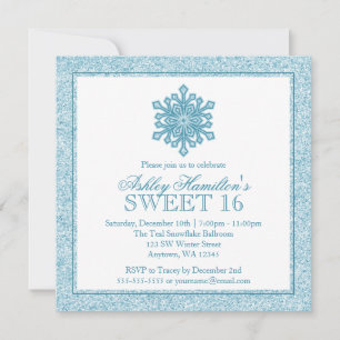 Convite Floco de Neve Brilhante Azul Doce 16 Inverno Encan