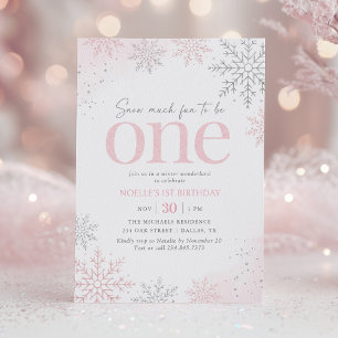 Convite Floco de Neve Brilho Rosa Aniversário de 1 ano