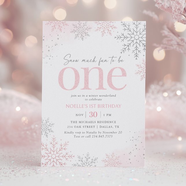 Convite Floco de Neve Brilho Rosa Aniversário de 1 ano (Criador carregado)