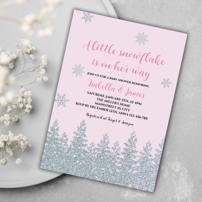 Convite Floco de neve Chá de Winter Baby Girl (winter baby girl shower invitation pink woodland silver glitter little snowflake on the way)
