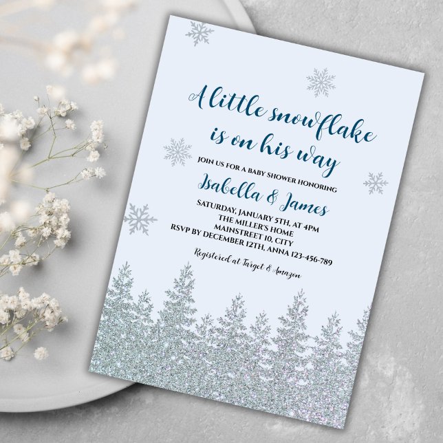 Convite Floco de neve Chá do Winter Baby Boy Woodland (winter baby boy shower invitation blue woodland silver glitter little snowflake on the way)