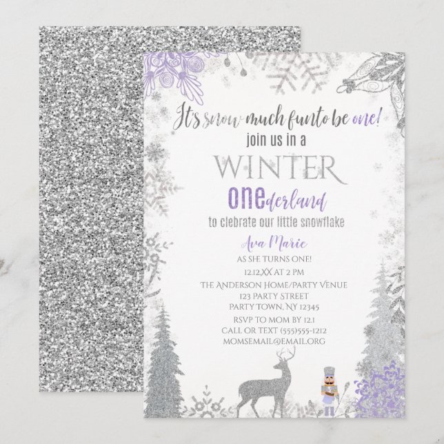 Convite Floco de neve da Lavanda primeiro aniversario da H (Frente/Verso)