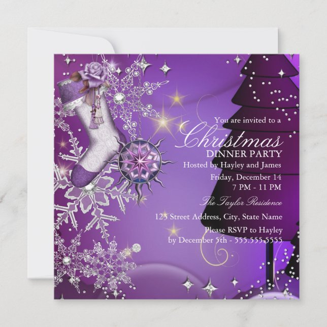 Convite Floco de Neve de Cristal Roxo Jantar de Natal 4 (Frente)