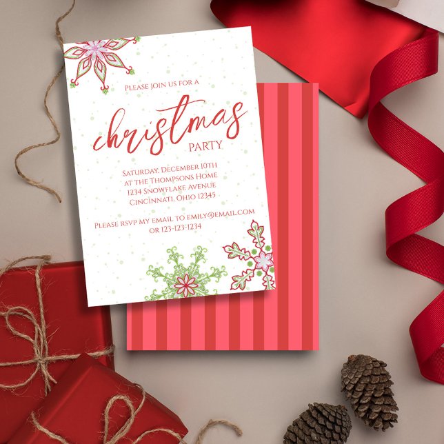 Convite Floco de neve de inverno, branco, de Natal (Christmas party whimsical cute colorful snowflakes invitation.)