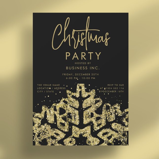 Convite Floco de neve Dourado Festa de Natal Corporativa P (Gold Snowflake Corporate Christmas Party Black Invitation)