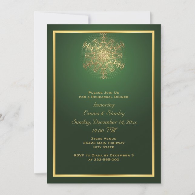 Convite Floco de neve dourado jantar de ensaio de casament (Frente)