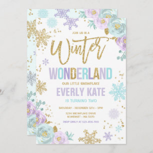 Convite Floco de neve Dourado Roxo de Birthday Wonderland