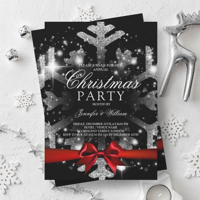 Convite Floco de Neve e Floco de Fita de Fita de Neve Pret (Silver Black Glitter Snowflake & Ribbon Xmas Party Invitation)