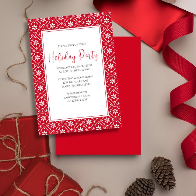 Convite Floco de neve festivo vermelho festivo falso (Christmas holiday party red snowflake pattern and stylish calligraphy invitation)