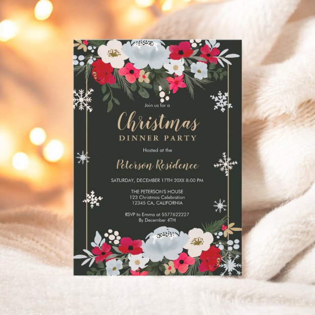 Convite Floco de neve floral verde-Dourado Natal (Gold Red Green floral snowflake Christmas Invitation)