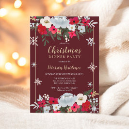 Convite Floco de neve floral vermelho Dourado Natal