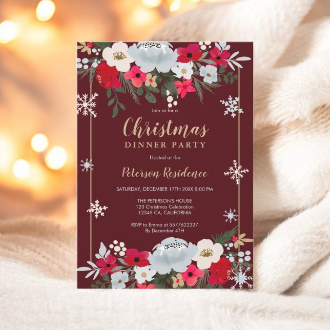 Convite Floco de neve floral vermelho Dourado Natal (Gold Red Chic floral snowflake Christmas Invitation)