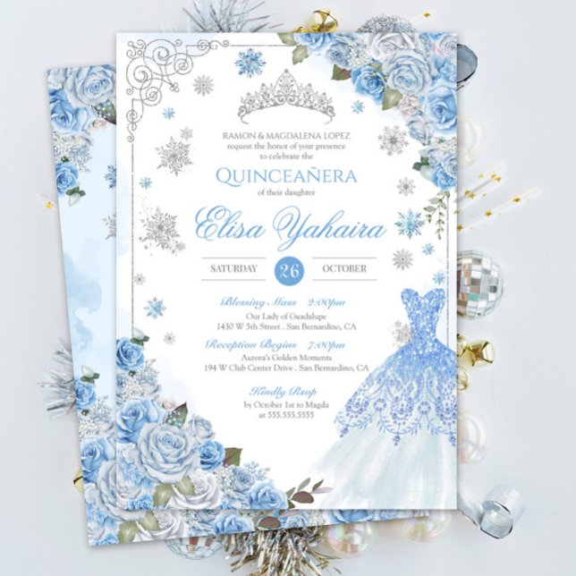 Convite Floco de Neve Inverno Ice Blue Silver Quinceañera (Criador carregado)
