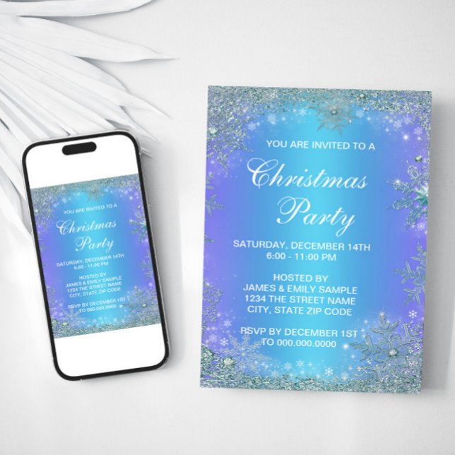 Convite Floco de neve, Lavanda roxa, congelado (Snowflake Christmas party invitation with purple and teal background. For instant download and print)