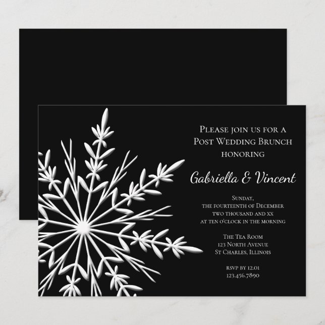 Convite Floco de Neve Preto Branco Brunch Pós Casamento de (Frente/Verso)