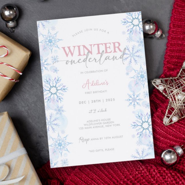 Convite Floco de neve primeiro aniversario de Winter Onede (Winter Onederland Invitations for Girl Snowflake 1st birthday invitation template cute and easy edit)